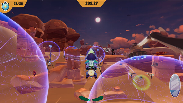 遊戲關卡截圖，展示一個佈滿特殊平台與可互動物體的精巧挑戰場景。