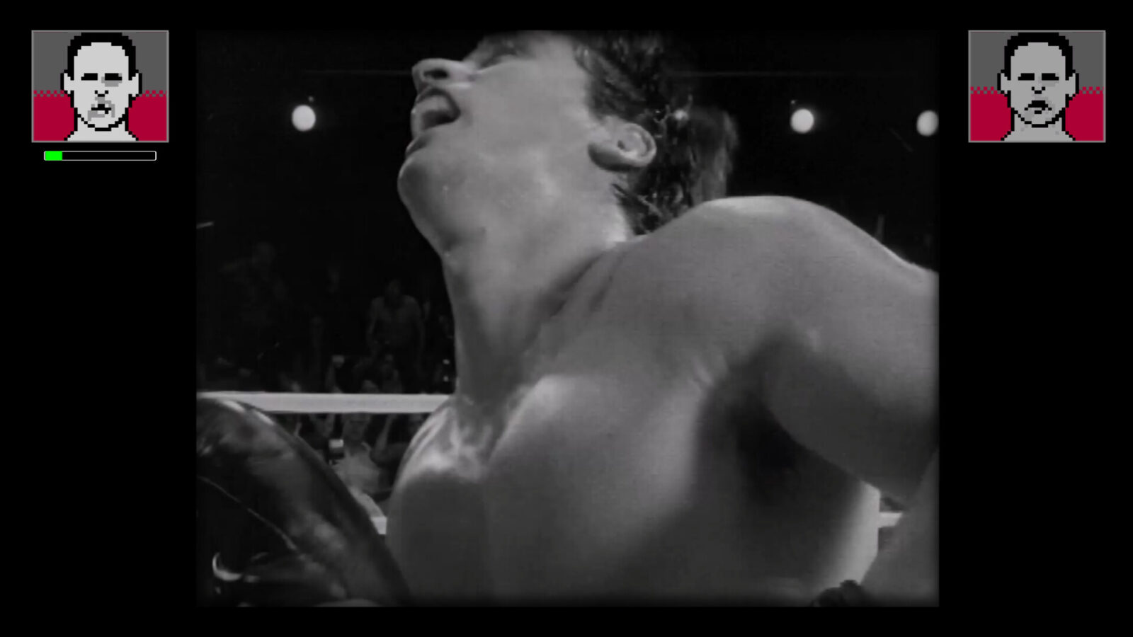 遊戲截圖：第一人稱視角下，對手因受到重擊而臉部扭曲