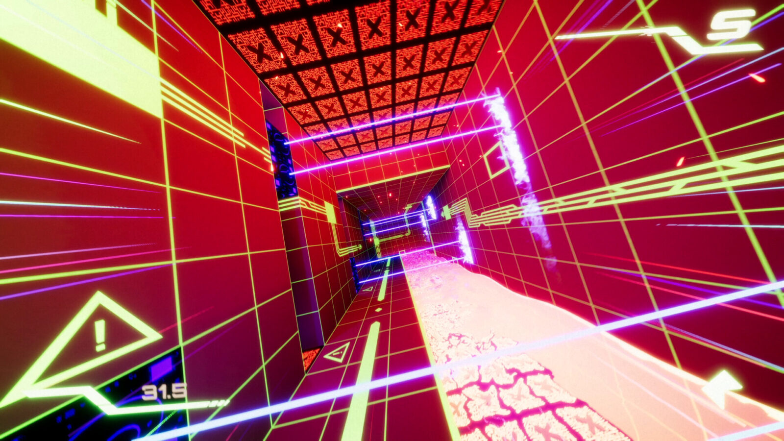 LightQb 遊戲截圖，玩家在紅色雷射與藍色平台間衝刺移動