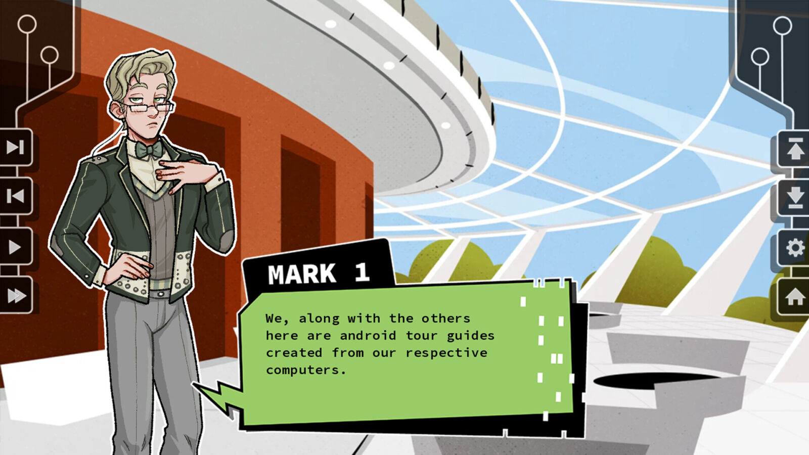 《Mainframe Men》遊戲截圖,展示玩家與擬人化ENIAC的對話場景