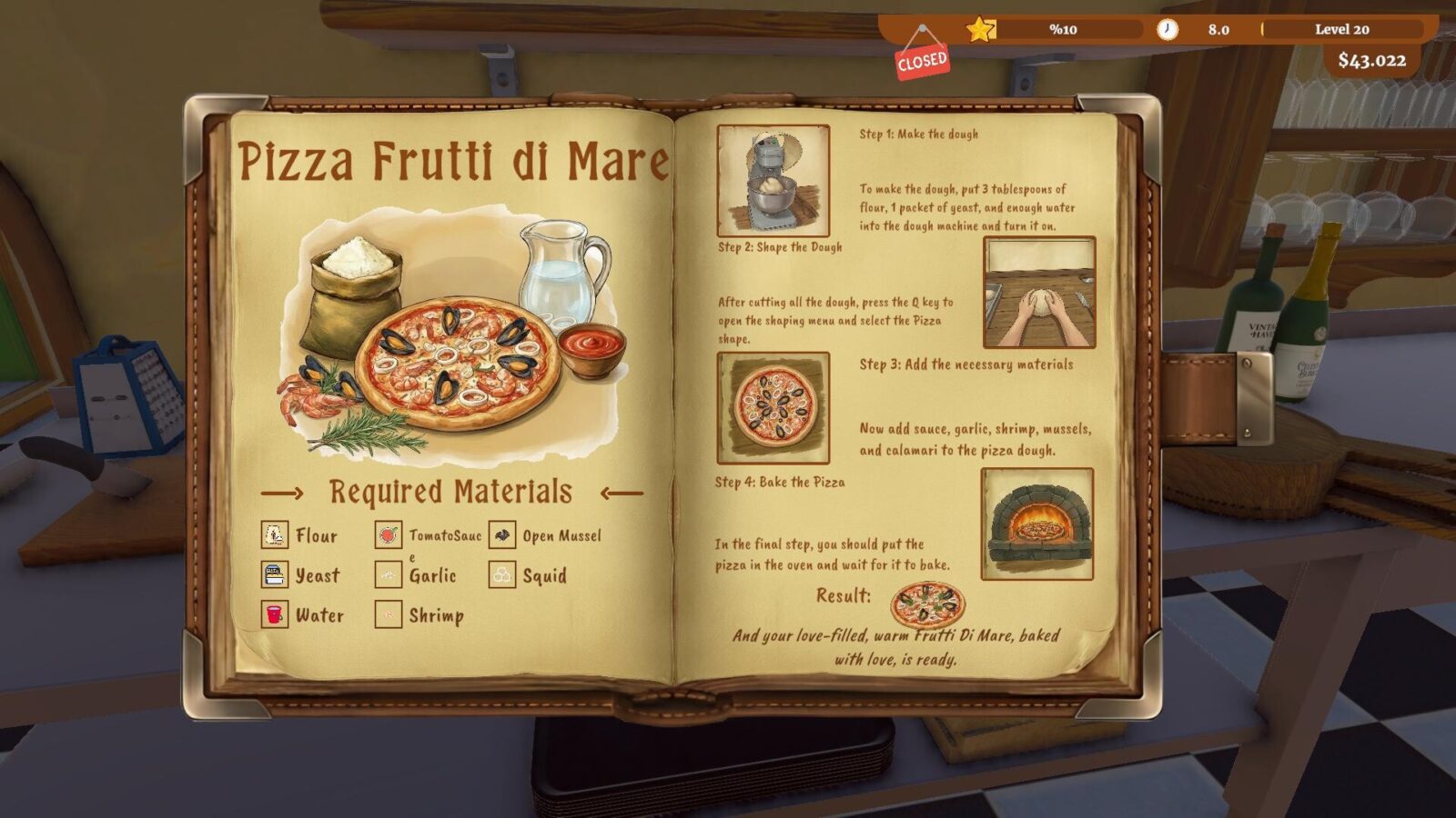 Breezy Bakes Simulator 遊戲截圖,展示烘焙坊溫馨的內部裝潢與海景