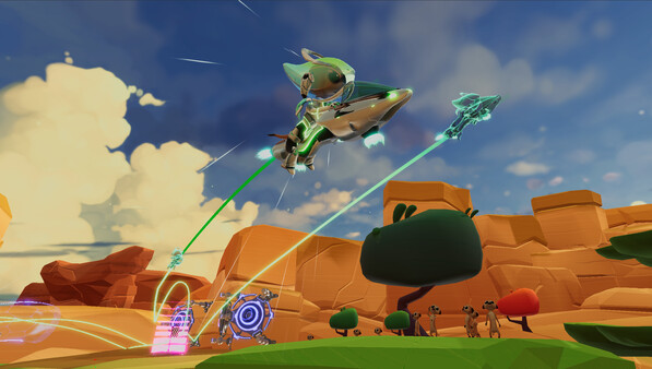 遊戲實機截圖，展示飛行機車在峽谷地形中利用力學機制進行高速移動的瞬間。