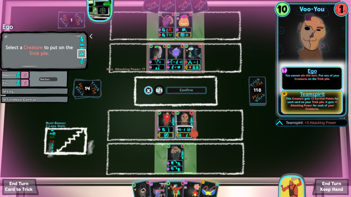 Trick Or Beat 遊戲中的共享牌庫與玩家手牌介面