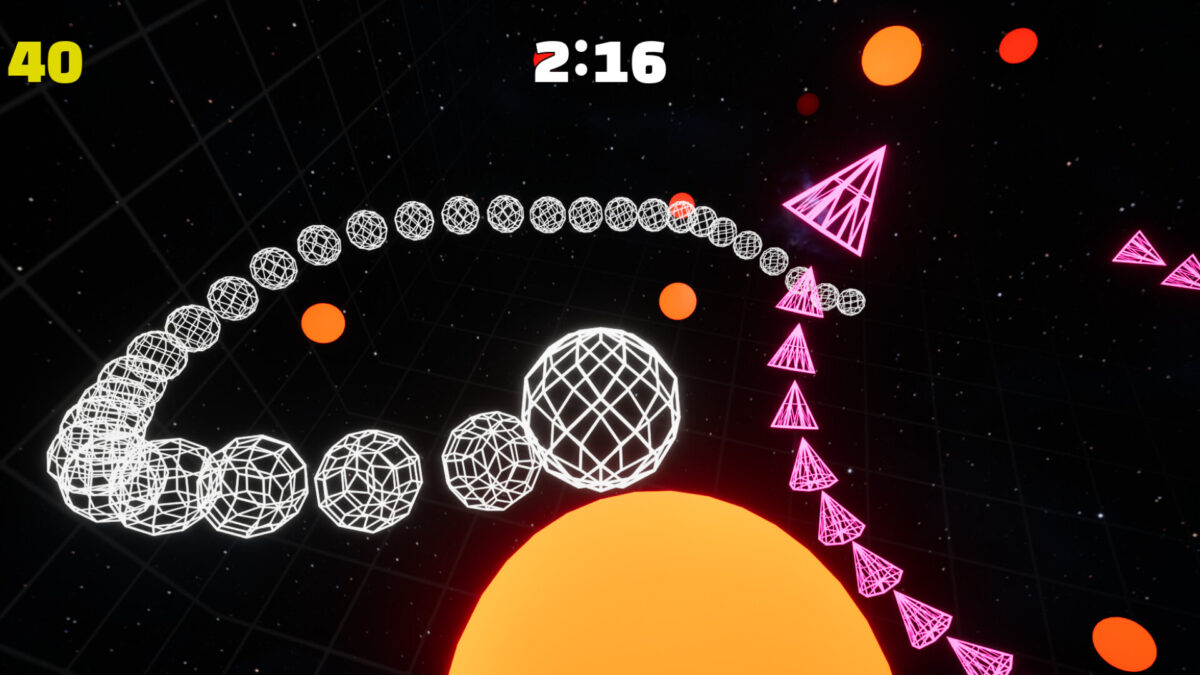 Knot: Serpent Arena 遊戲截圖，俯瞰角度展示太空蛇在圓環形競技場中對峙的緊張時刻