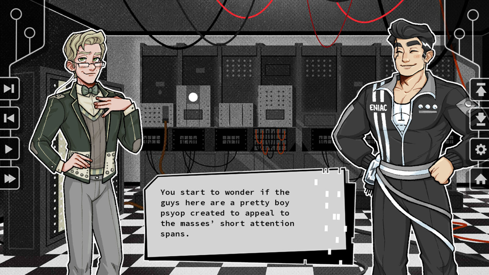 《Mainframe Men》遊戲內博物館場景與另一位電腦角色的互動畫面
