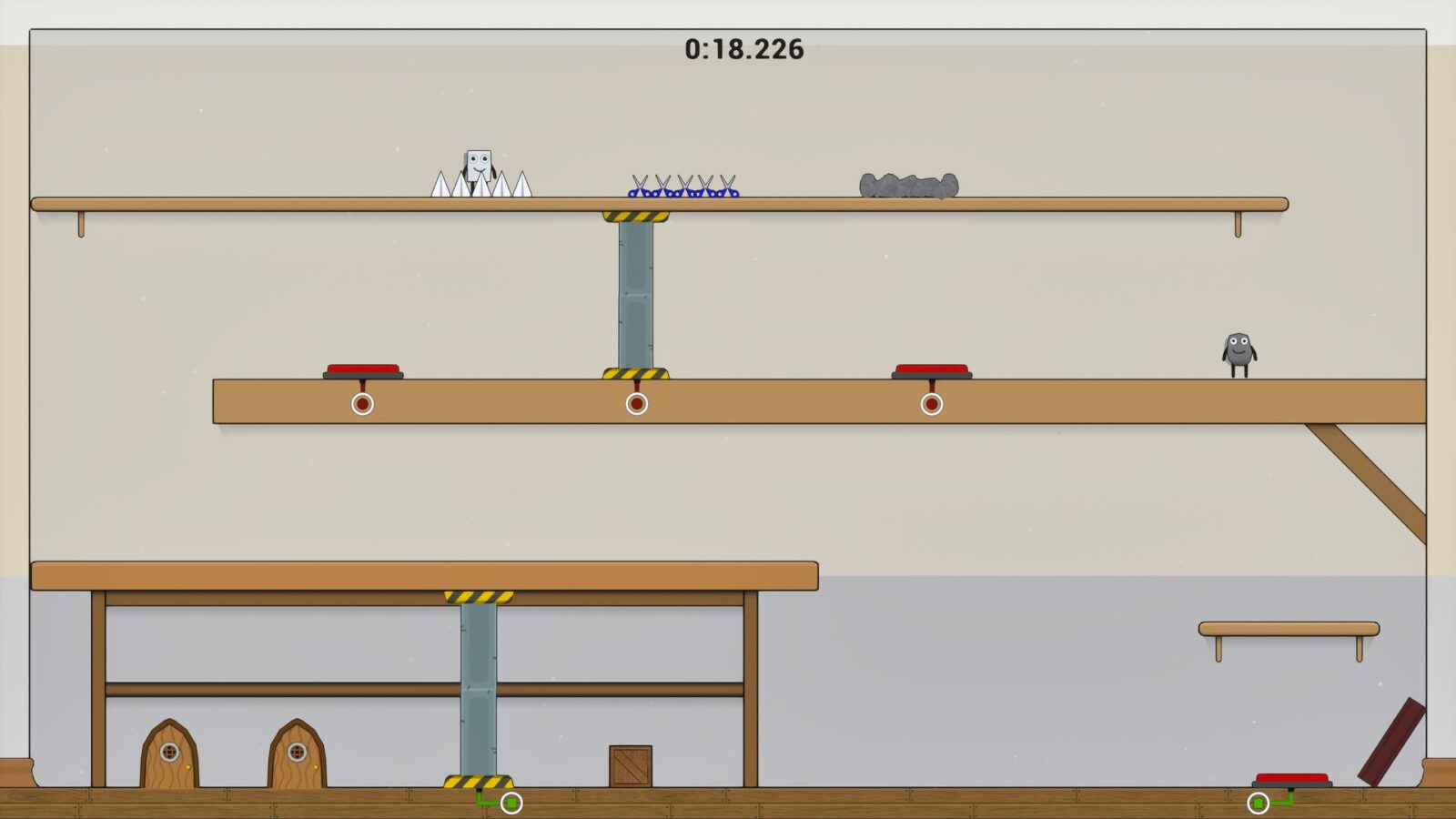 《Sujefa》遊戲截圖,展示石頭與布在一處齒輪機關前合作解謎。