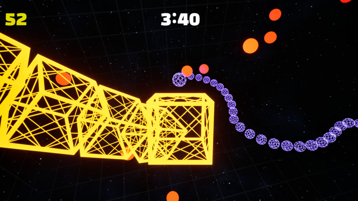 Knot: Serpent Arena 遊戲截圖，多條不同顏色的太空蛇在複雜的立體賽道中交錯航行