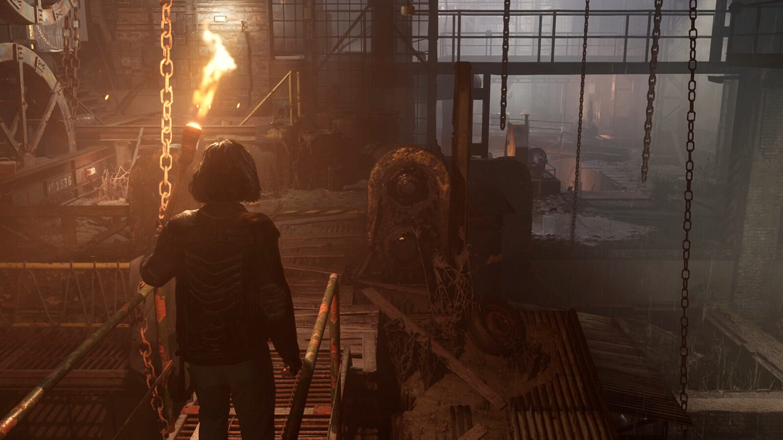 OneTry 遊戲截圖，展示使用手電筒探索黑暗走廊的壓迫感