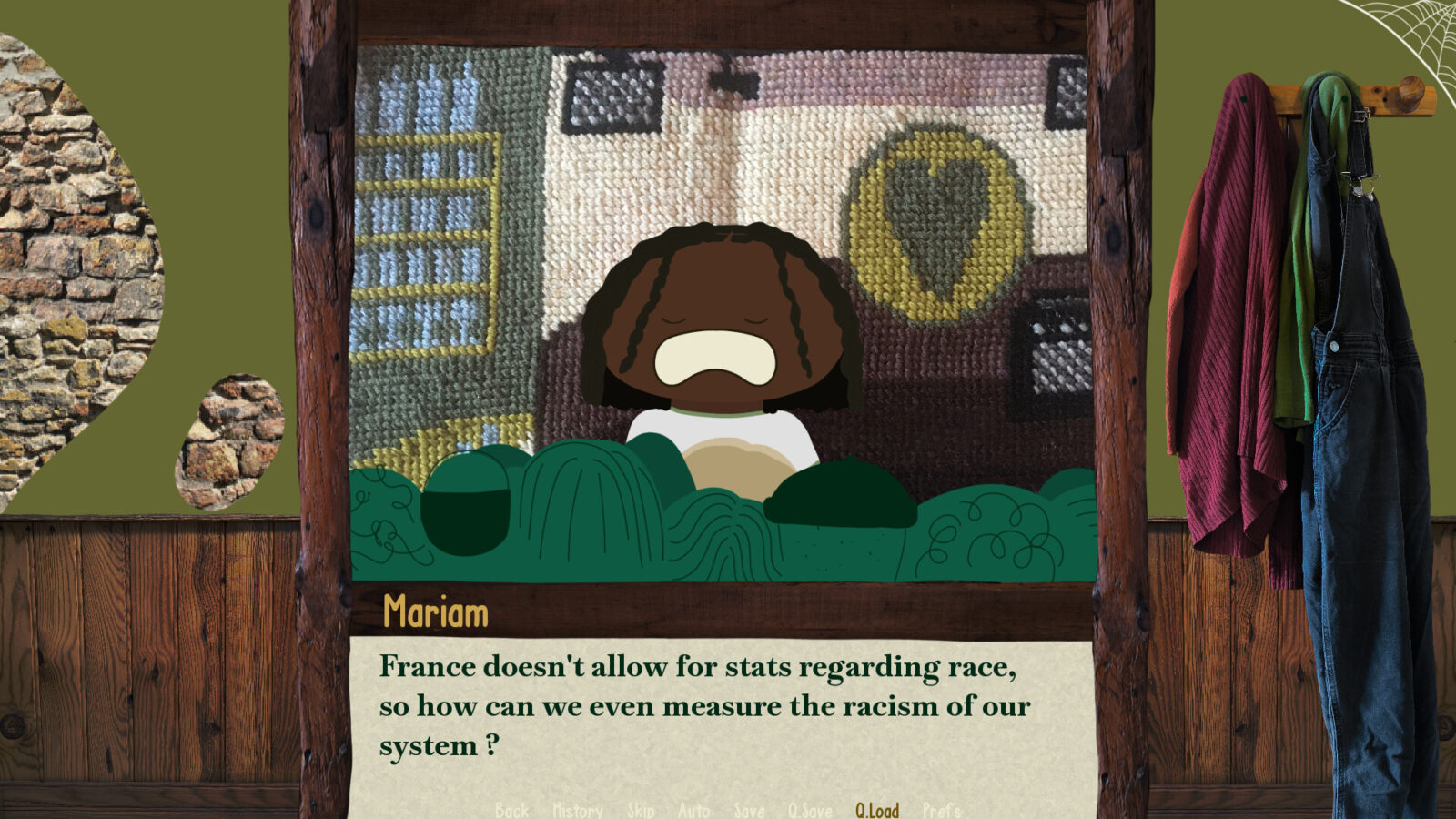 Sheep & Love 遊戲截圖,呈現角色互動與另一幅手工刺繡背景