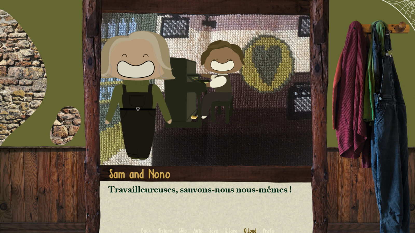 Sheep & Love 遊戲截圖,展示角色對話與手工刺繡背景