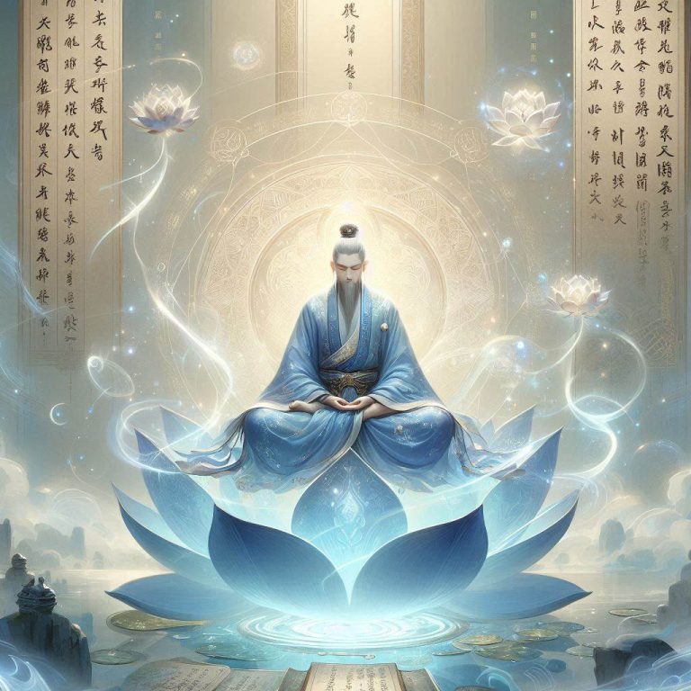 文字修仙手遊 AI 生成封面意象圖：水墨仙人蓮花修煉