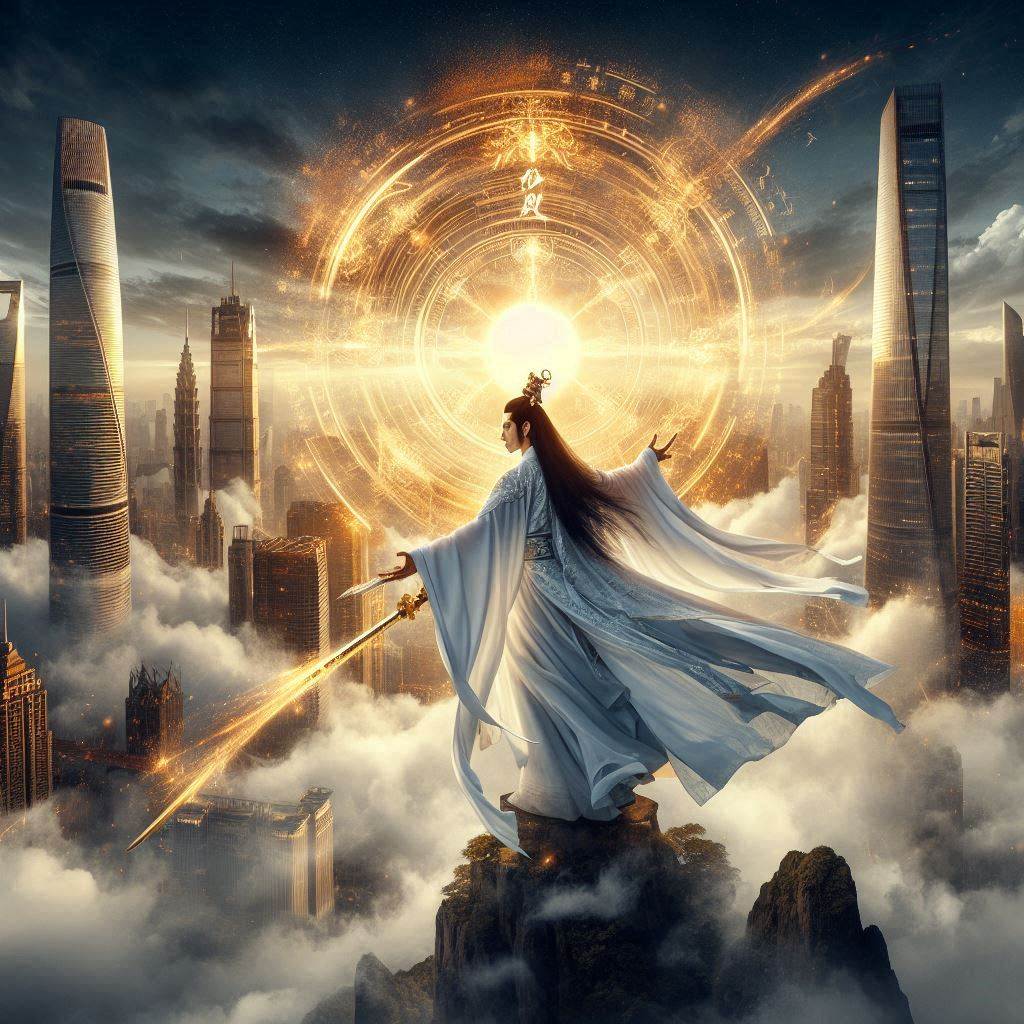 修仙十年下山即無敵 - 仙俠修士御劍下山俯瞰現代都市概念圖