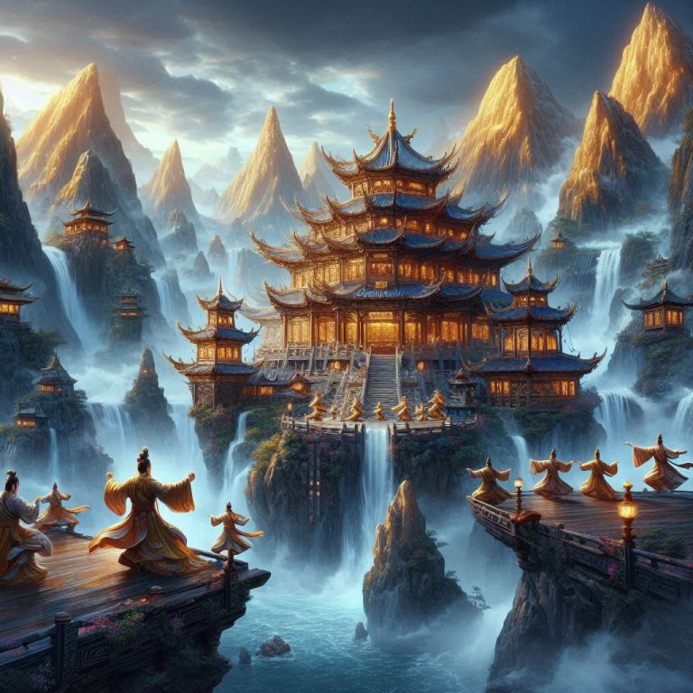 宗門修仙模擬器宗門殿堂封面概念圖，仙俠風格山門意象圖