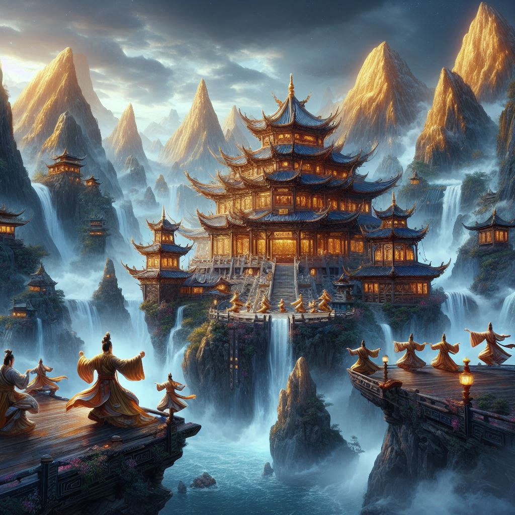 宗門修仙模擬器宗門殿堂封面概念圖，仙俠風格山門意象圖